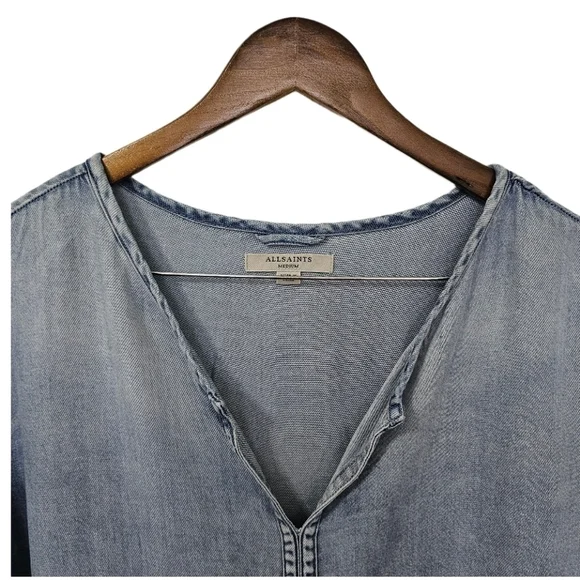All Saints casual denim blue short sleeve v-neck shift dress size medium - Picture 2 of 12